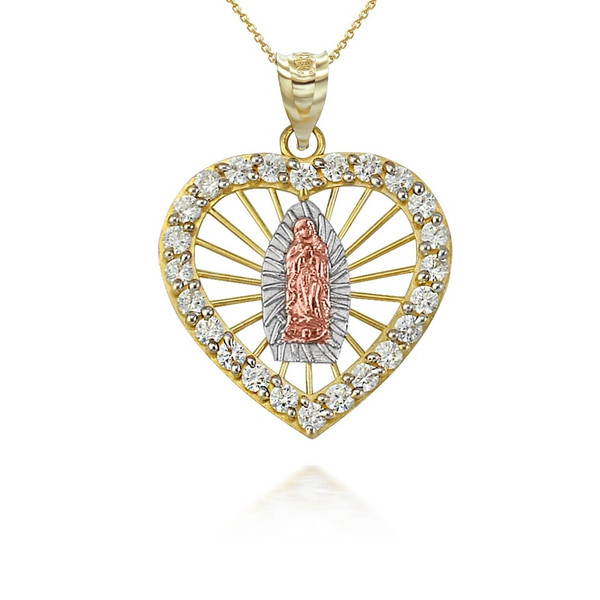 Tri-Tone Gold Our Lady Of Guadalupe Heart With CZ Pendant Necklace