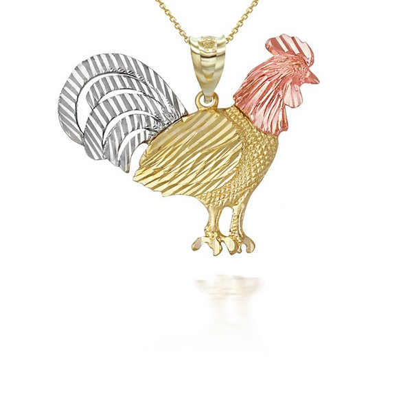 Tri-tone Gold Large Rooster Pendant Necklace