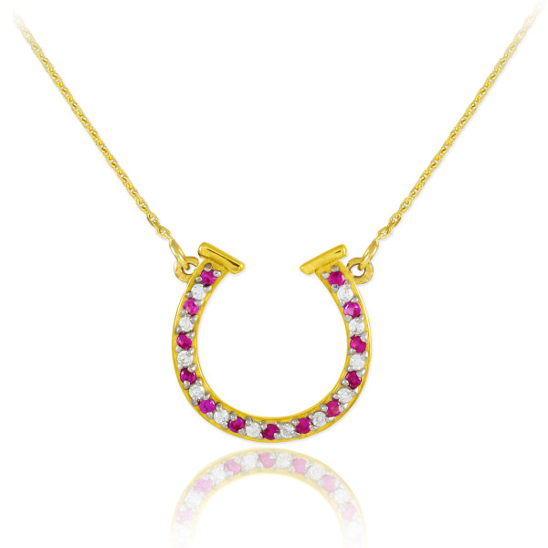 14K Gold Clear and Red CZ Horseshoe Necklace