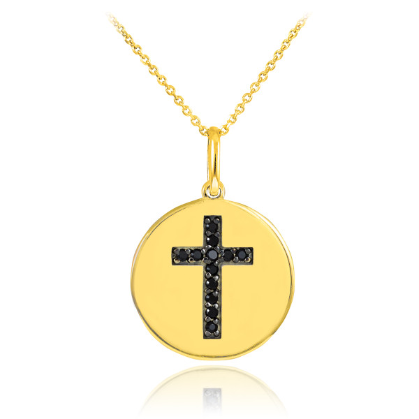 Cross disc pendant necklace with black diamonds in 14k gold.