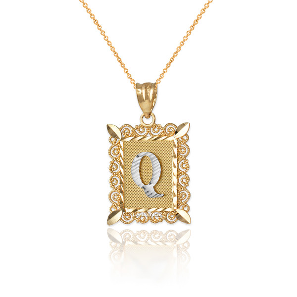 Two-tone Gold Filigree Alphabet Initial Letter "Q" DC Charm Necklace