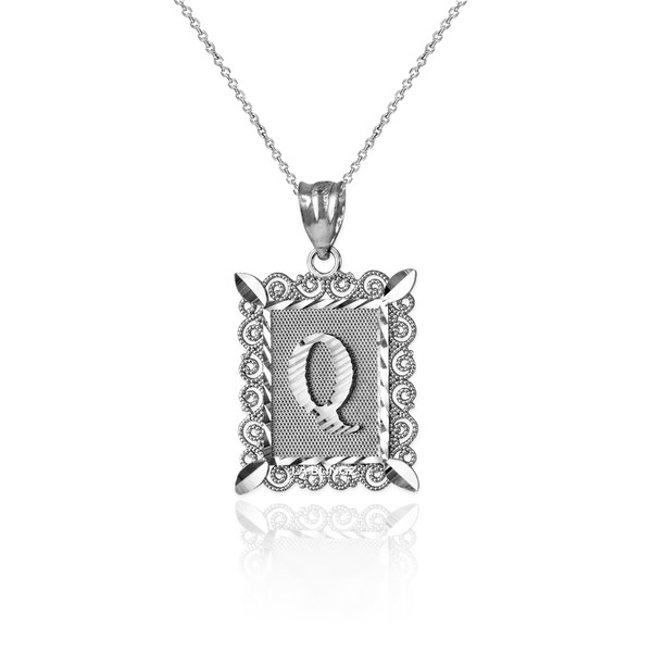 White Gold Filigree Alphabet Initial Letter "Q" DC Charm Necklace