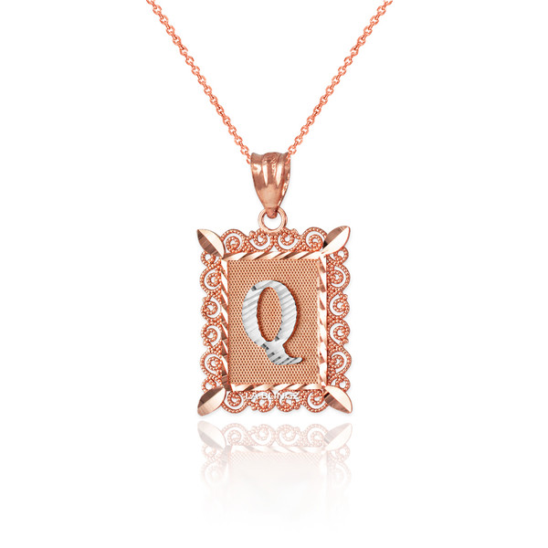 Two-tone Rose Gold Filigree Alphabet Initial Letter "Q" DC Charm Necklace