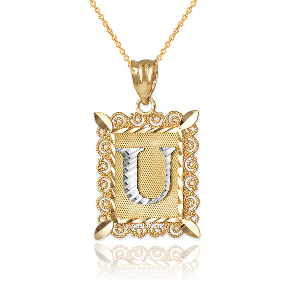 Two-tone Gold Filigree Alphabet Initial Letter "U" DC Pendant Necklace
