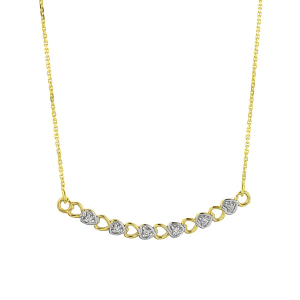 14k Gold Curved Bar Diamond Hearts Necklace