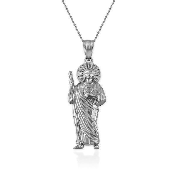 Silver St. Jude Holding Sacred Heart of Jesus Necklace