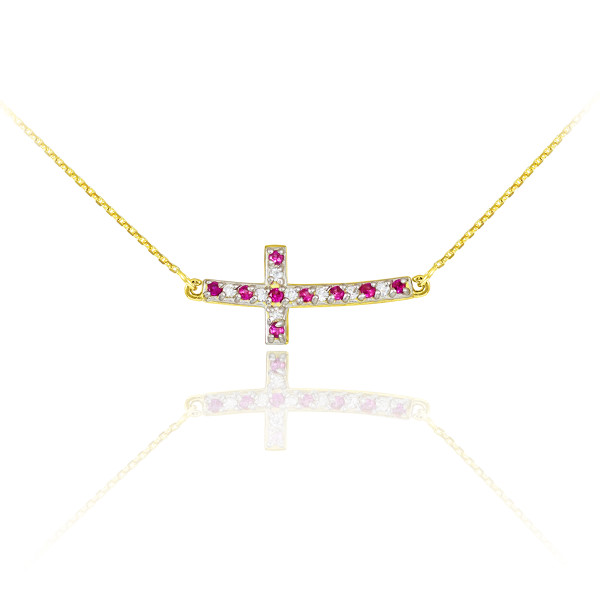 14K Gold Small Sideways Curved Cross Red and Clear CZ Necklace