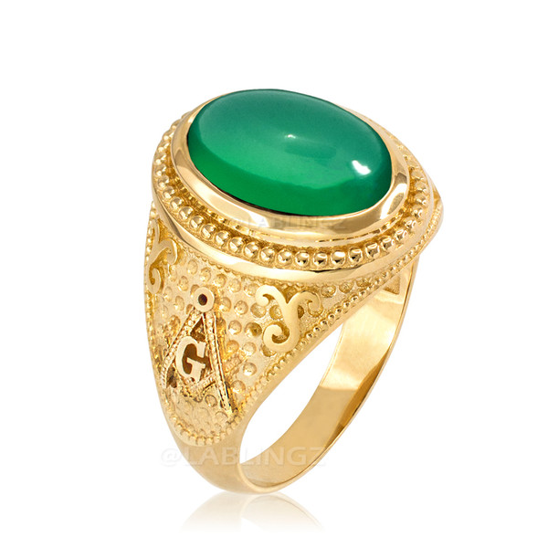 Gold Masonic Green Onyx Gemstone Statement Ring