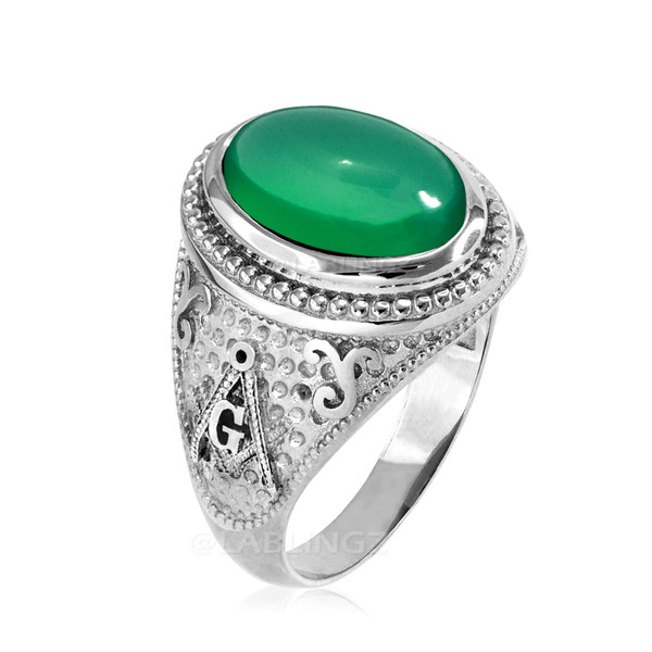 White Gold Masonic Green Onyx Gemstone Statement Ring