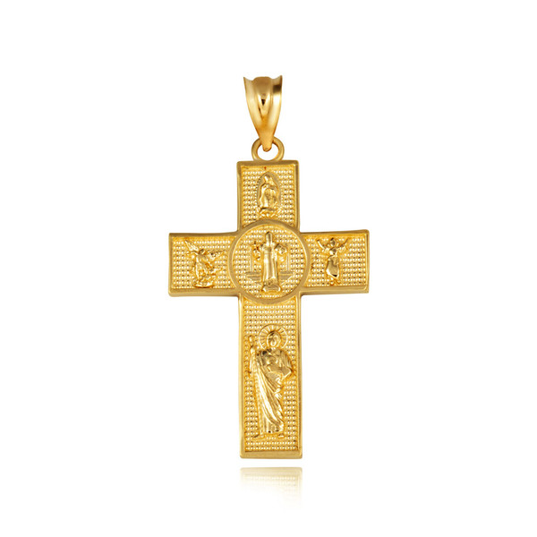 Gold Patron Saints Beaded Cross Pendant Necklace