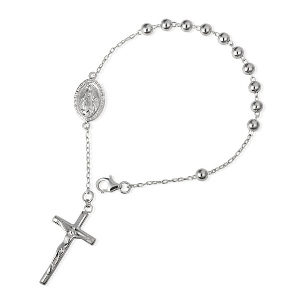 Sterling Silver Beaded Jesus Christ Cross Crucifix Mother Mary Medallion Rosary Bracelet