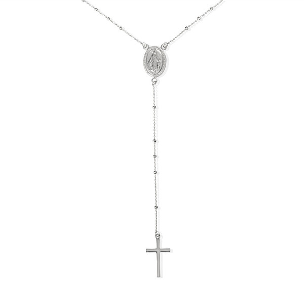 .925 Sterling Silver Dainty Beaded Cross Mother Mary Medallion Rosary Necklace