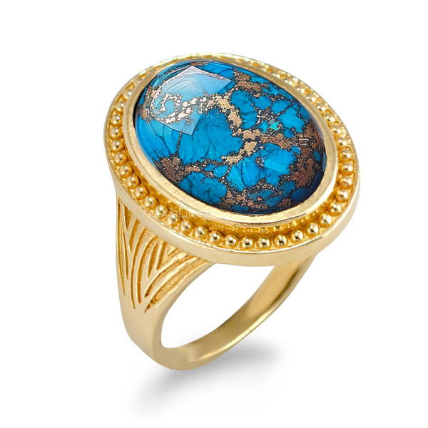 Yellow Gold Oval Blue Copper Turquoise Gemstone Ring