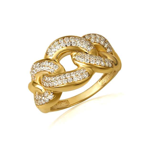 14K Yellow Gold Bold CZ Studded Cuban Chain Link Band Ring