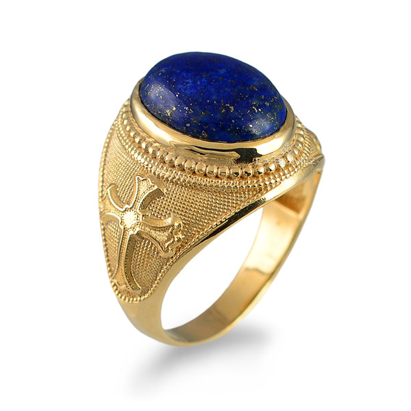 Solid Yellow Gold Fleur-de-Lis Cross Lapis Lazuli Statement Ring