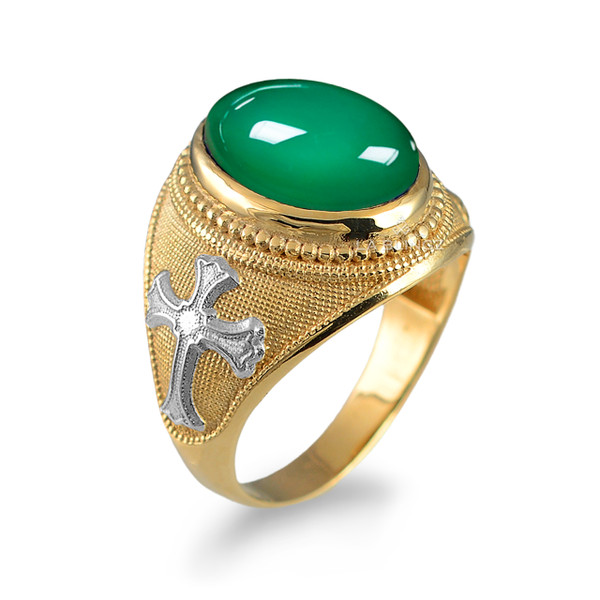 2-Tone Gold Fleur-de-Lis Cross Green Onyx Oval Gemstone Ring