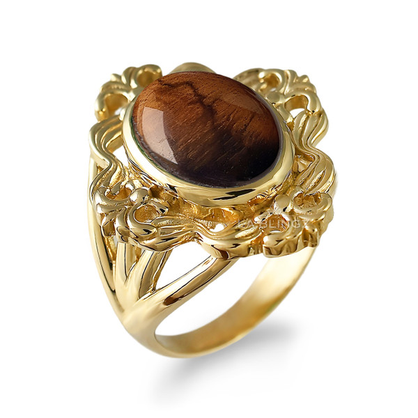 Gold Fleur-de-Lis Tiger Eye Oval Gemstone Ring
