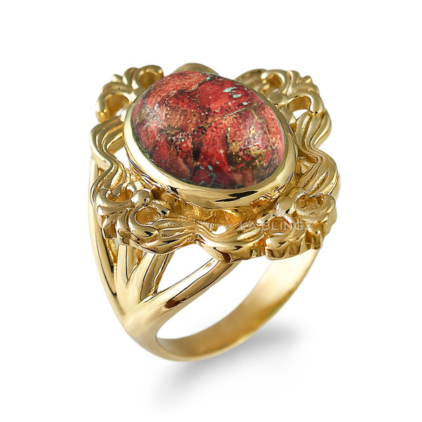 Gold Fleur-de-Lis Orange Copper Turquoise Women's Ring