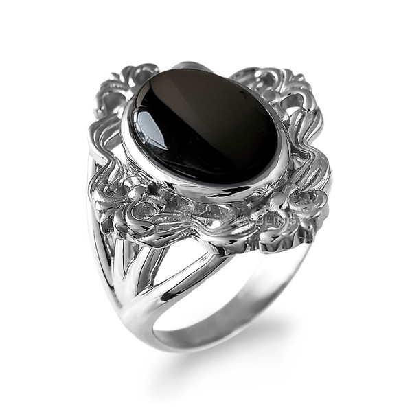 Silver Fleur-de-Lis Black Onyx Gemstone Ring for Women