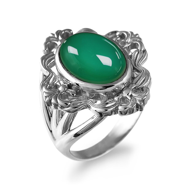 Silver Fleur-de-Lis Green Onyx Gemstone Ring for Women
