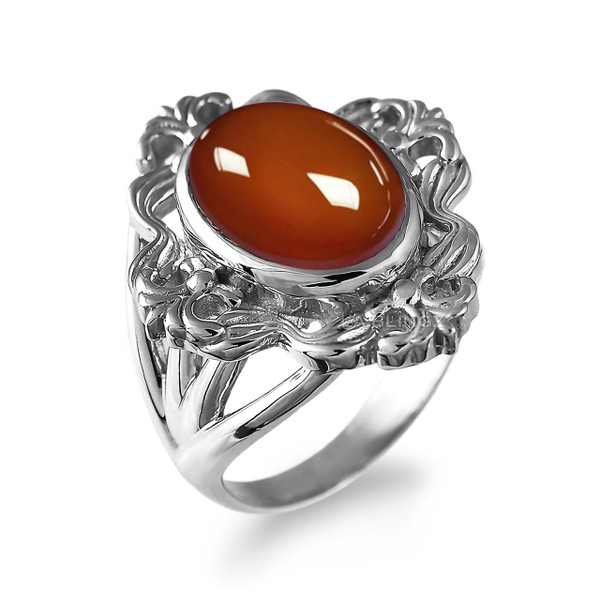 Silver Fleur-de-Lis Red Onyx Gemstone Ring for Women