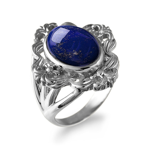 Sterling Silver Fleur-de-Lis Lapis Lazuli Gemstone Ring for Women