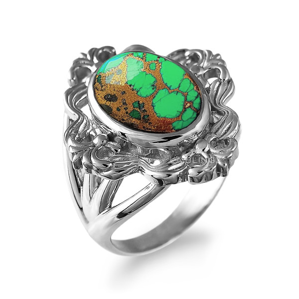 Sterling Silver Fleur-de-Lis Green Copper Turquoise Ring for Women