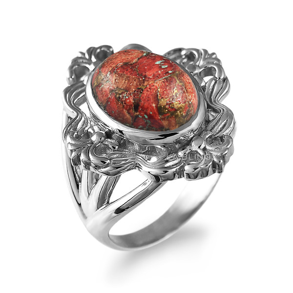 Sterling Silver Fleur-de-Lis Orange Copper Turquoise Ring for Women