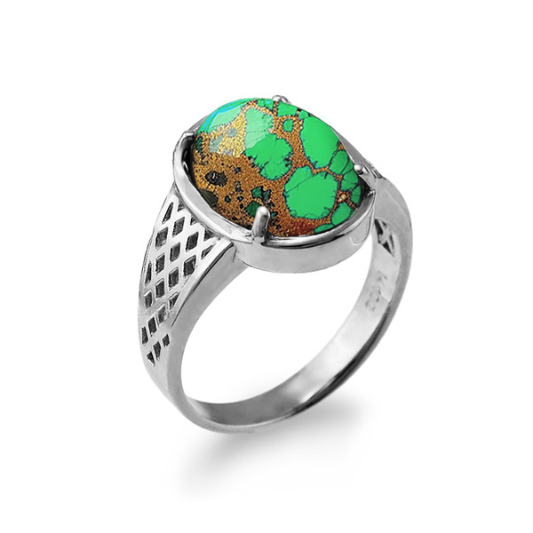 Green Copper Turquoise Oval Cabochon Sterling Silver Lattice Band Ring