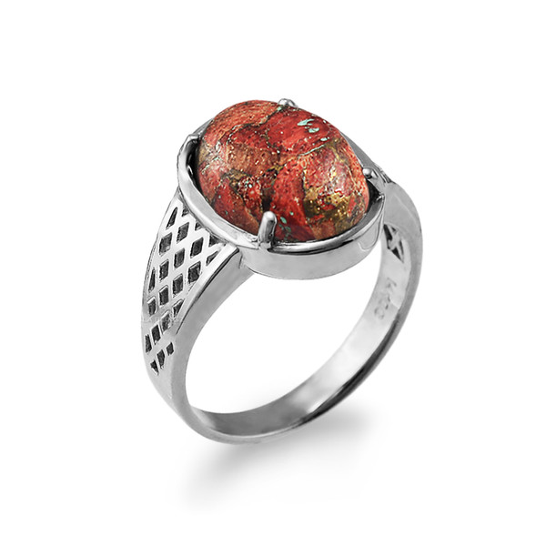 Orange Copper Turquoise Oval Cabochon Sterling Silver Lattice Band Ring