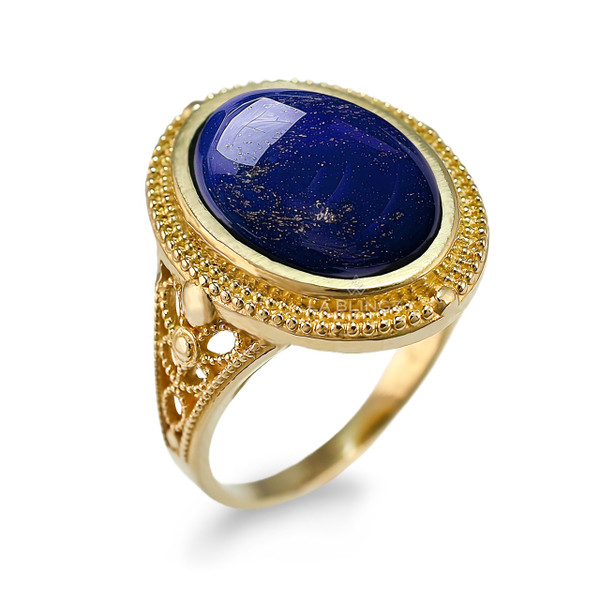 Gold Filigree Band Oval Lapis Lazuli Gemstone Ring