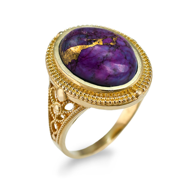 Gold Filigree Band Oval Purple Copper Turquoise Gemstone Ring