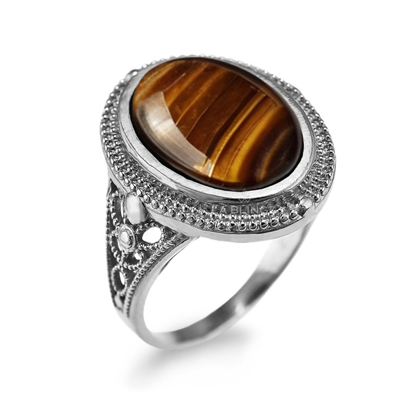 Sterling Silver Filigree Band Tiger Eye Oval Gemstone Ring