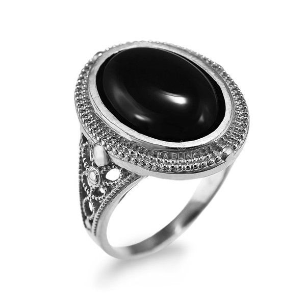 Sterling Silver Filigree Band Black Onyx Oval Gemstone Ring