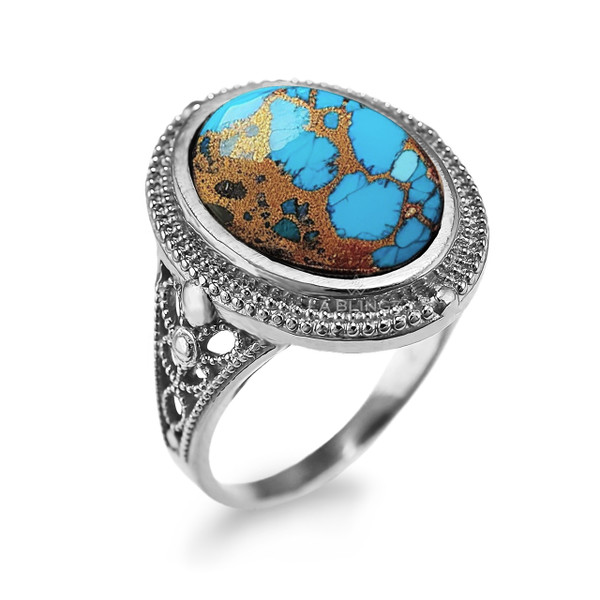 Sterling Silver Filigree Band Blue Copper Turquoise Oval Gemstone Ring