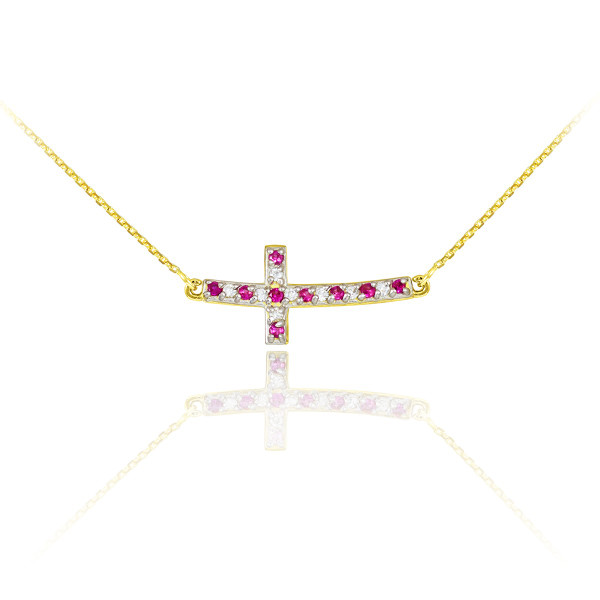 14k Gold Diamond and Ruby Sideways Curved Cross Necklace