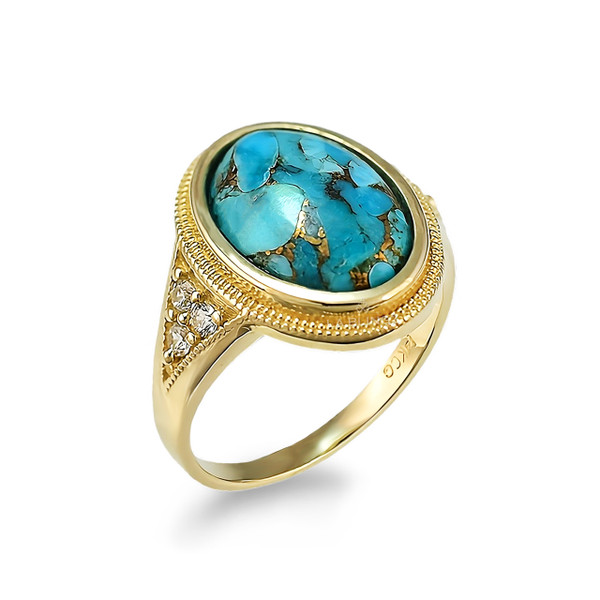 Blue Copper Turquoise Oval Cabochon Gold CZ Band Gemstone Ring