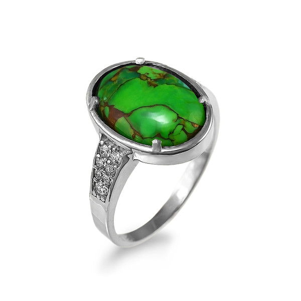 Sterling Silver CZ Band Green Copper Turquoise Cabochon Gemstone Ring