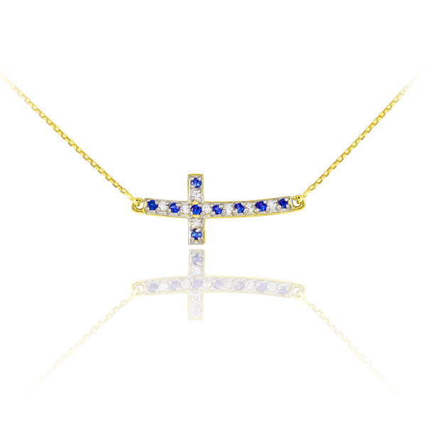 14k Gold Diamond and Sapphire Sideways Curved Cross Necklace
