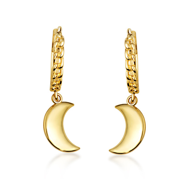 Yellow Gold Crescent Moon Cuban Link Huggie Earrings