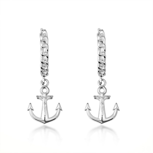 .925 Sterling Silver Nautical Anchor Cuban Link Huggie Earrings