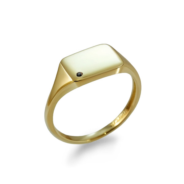 Polished Gold Square Signet Black Diamond Pinky Ring