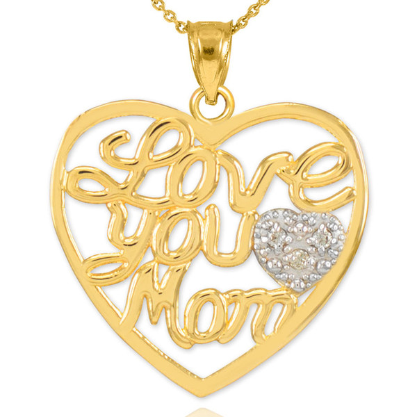 14K Gold Diamond Pave Heart "Love You Mom" Pendant Necklace