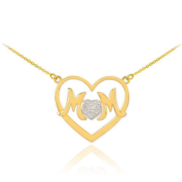 14K Gold Diamond Pave Heart "MOM" Necklace