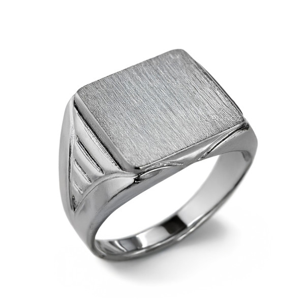 Sterling Silver Brushed Square Face Carved Shoulder Mens Signet Ring