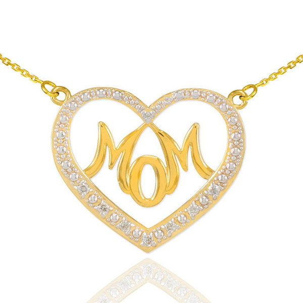 14K Gold Diamond Studded 'Mom' Heart Necklace