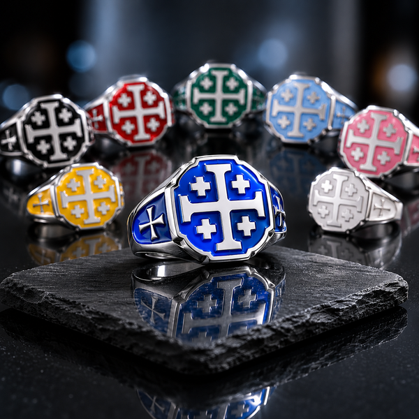 Sterling Silver Enamel Jerusalem Cross Octagon Signet Ring - Color Options