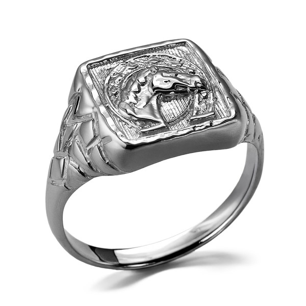 Square Silver Nugget Horseshoe Equestrian Ring for Men