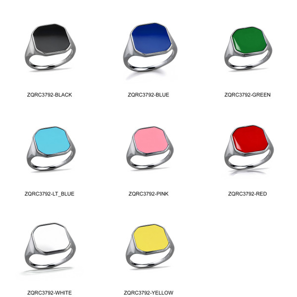 Polished Sterling Silver Enamel Square Polygon Signet Unisex Pinky Ring – Color Options