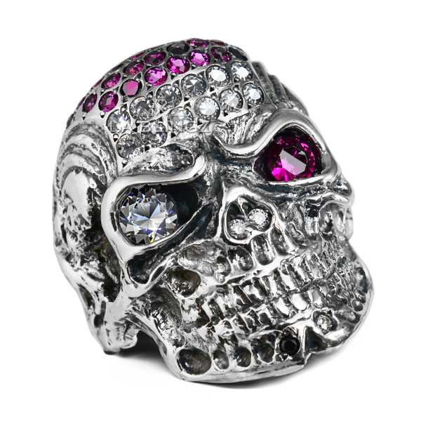 Sterling Silver Sugar Skull Ring with Multicolor CZ Pavé and Skeleton Shoulder Design for Men